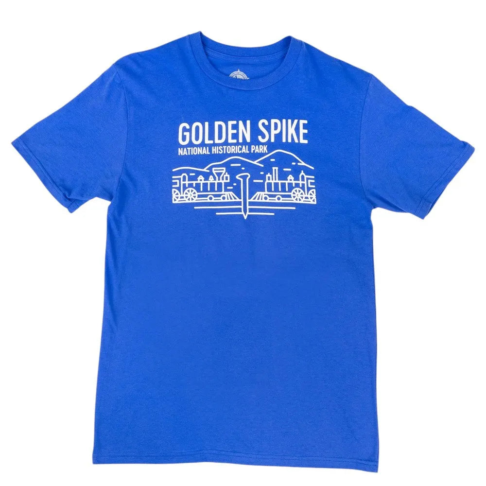 Blue t-shirt with 'Golden Spike National Historical Park' text and graphic on a white background
