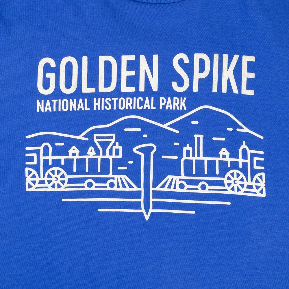 Blue t-shirt with 'Golden Spike National Historical Park' design featuring a train and nail.