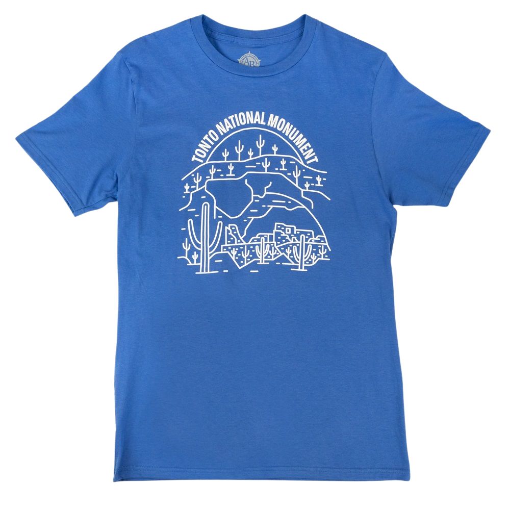 Blue t-shirt with white graphic design of Tonto National Monument on a white background
