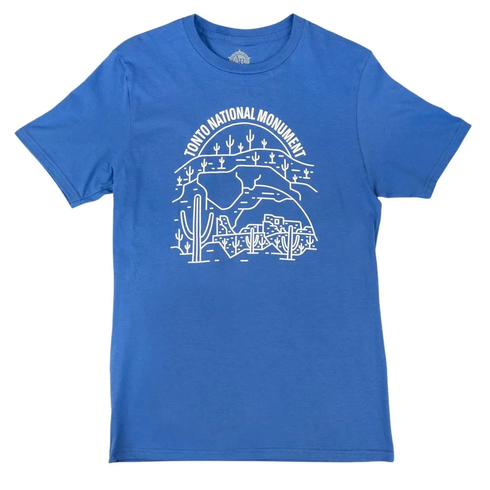 Blue t-shirt with white graphic design of Tonto National Monument on a white background