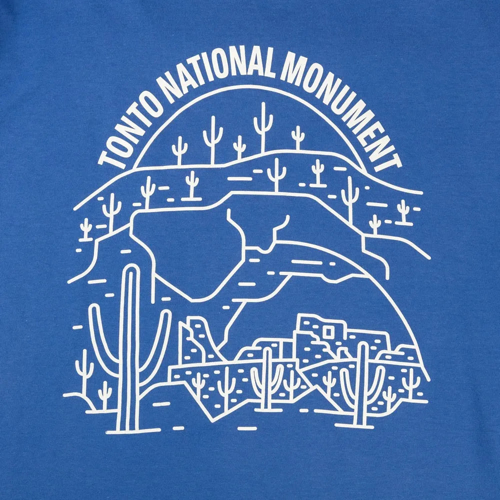 Blue t-shirt with white line art of Tonto National Monument design.