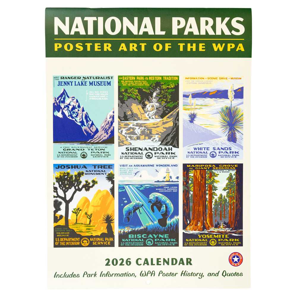 2026 National Parks calendar with WPA poster art on a white background