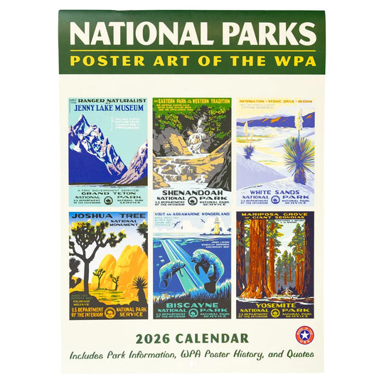 2026 National Parks calendar with WPA poster art on a white background