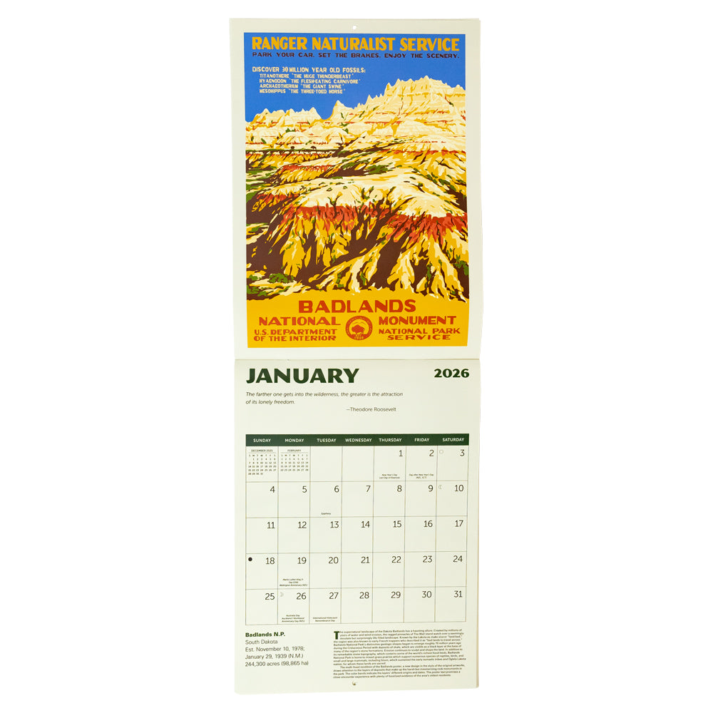 Calendar for January 2026 featuring Badlands National Monument with a scenic illustration.