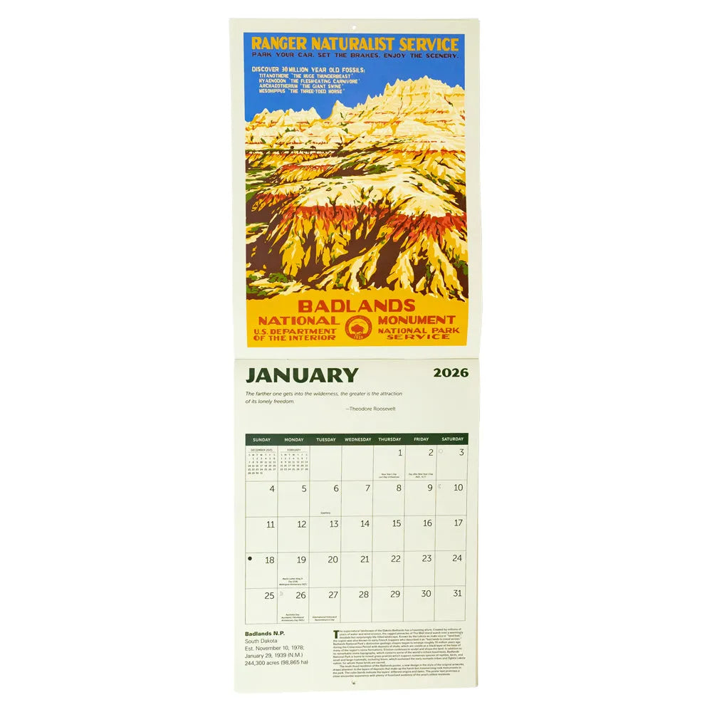 Calendar for January 2026 featuring Badlands National Monument with a scenic illustration.