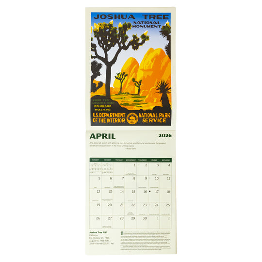 Calendar for Joshua Tree National Monument with a scenic illustration of desert landscape.