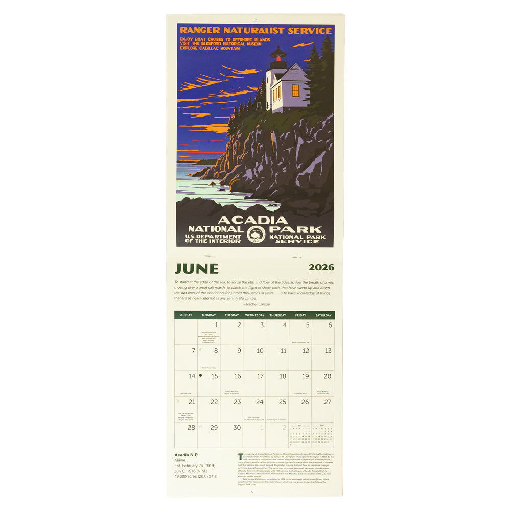 Calendar for June 2026 featuring Acadia National Park with scenic illustration.