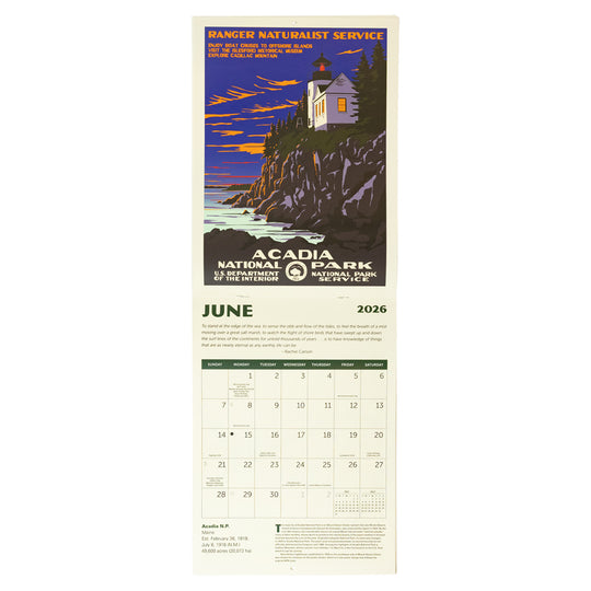 Calendar for June 2026 featuring Acadia National Park with scenic illustration.
