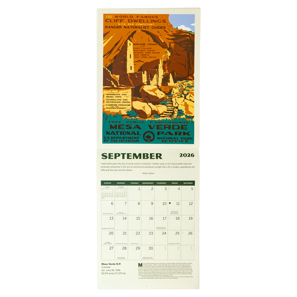 Calendar for September 2026 with a vintage-style Mesa Verde National Park poster.