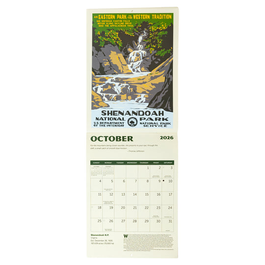Shenandoah National Park calendar for October 2026 with scenic illustration on a white background