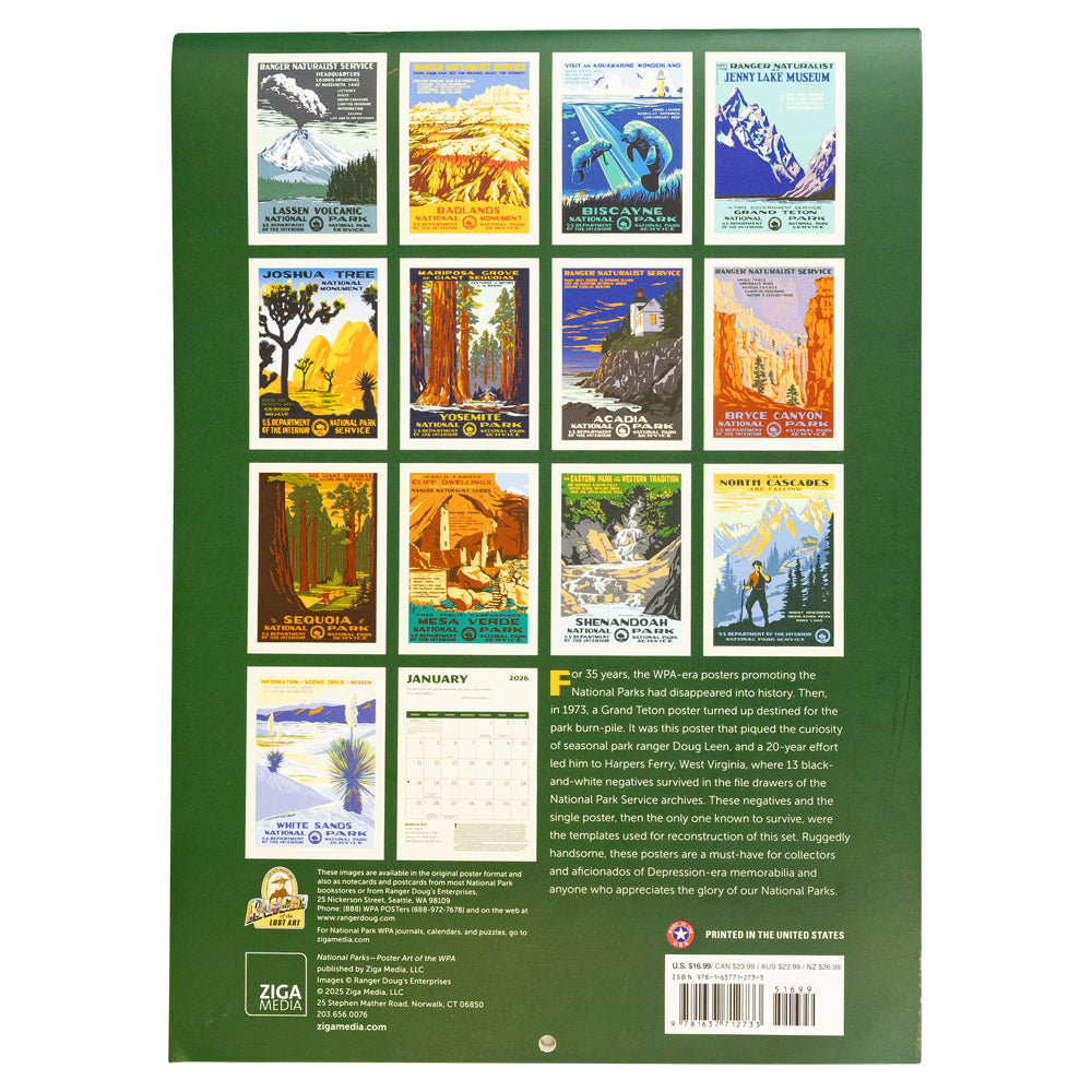 2026 National Parks Poster Art of the WPA Calendar reverse side view showing the 13 individual images contained within