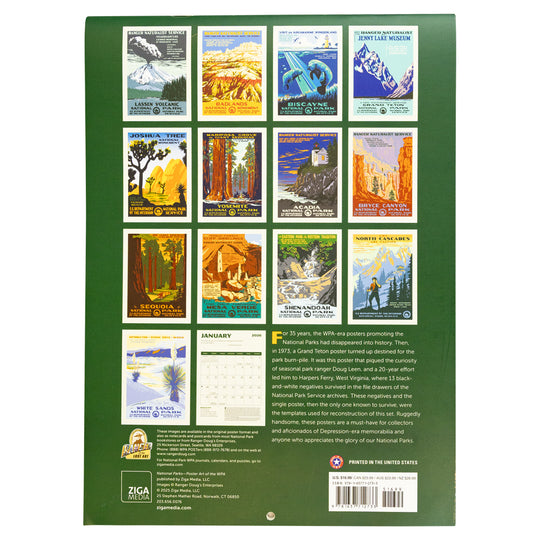 2026 National Parks Poster Art of the WPA Calendar reverse side view showing the 13 individual images contained within