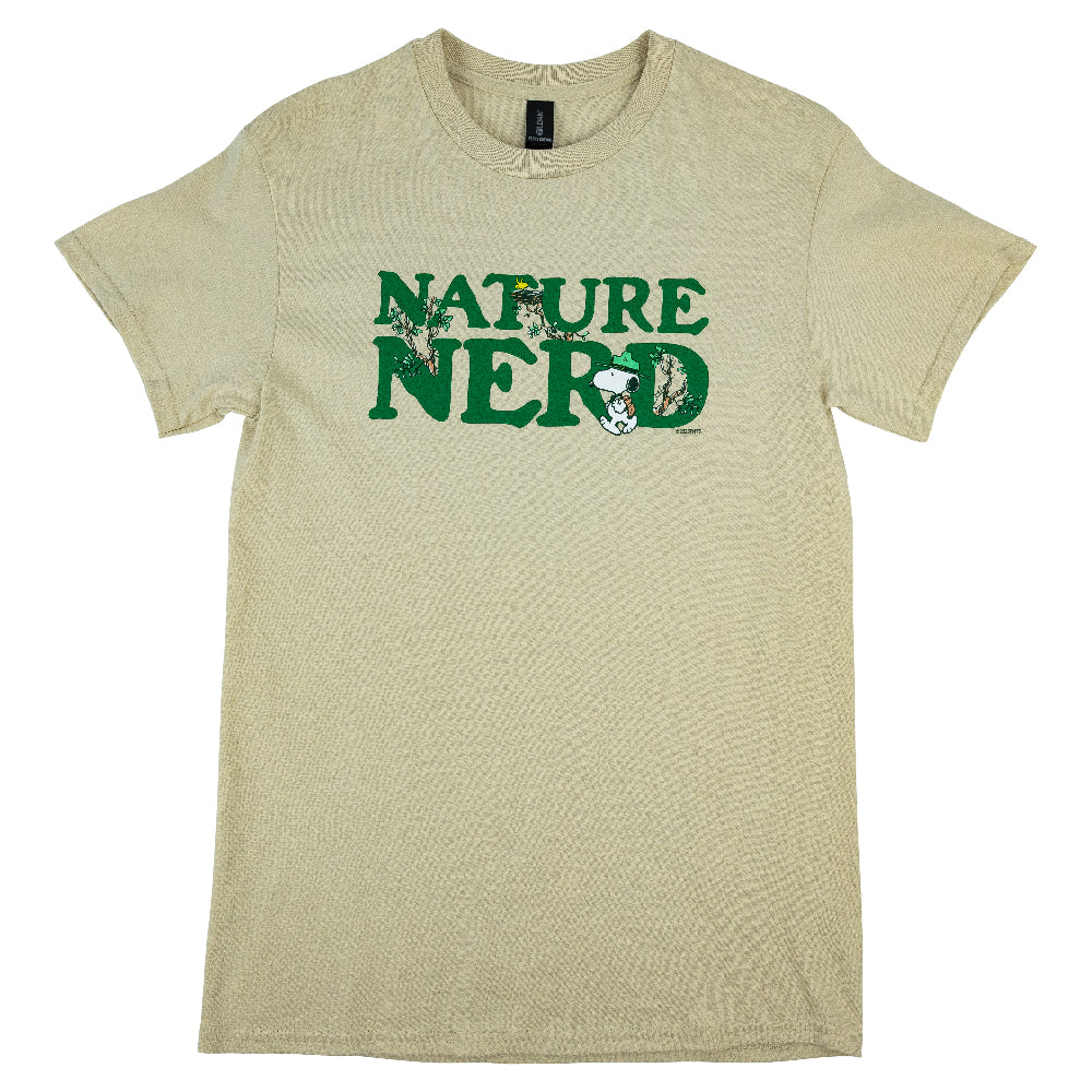 Beige T-shirt with 'Nature Nerd' text in green and Snoopy graphics in the letters