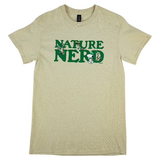 Beige T-shirt with 'Nature Nerd' text in green and Snoopy graphics in the letters