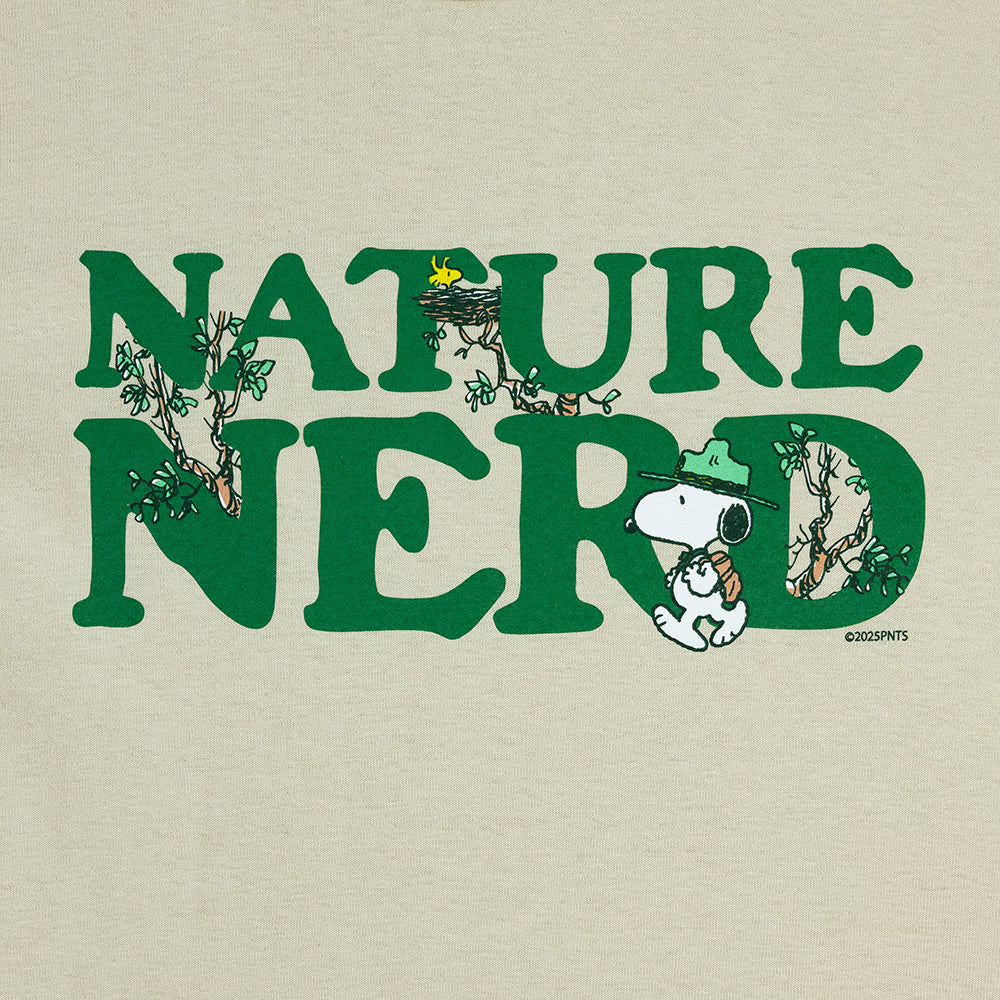 Beige T-shirt with 'Nature Nerd' text in green and Snoopy graphics in the letters