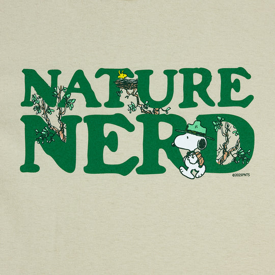 Beige T-shirt with 'Nature Nerd' text in green and Snoopy graphics in the letters