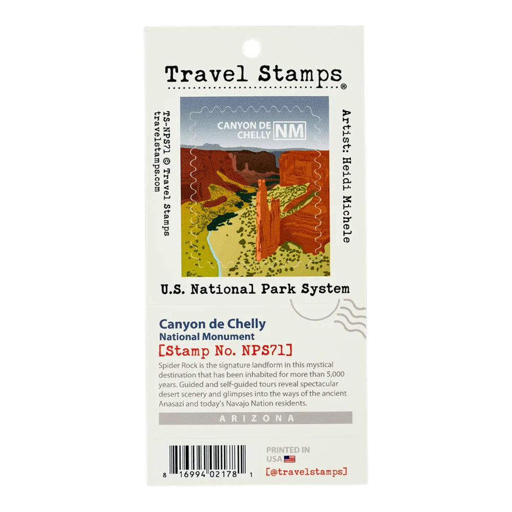 Travel stamps packaging for Canyon de Chelly National Monument with scenic illustration.