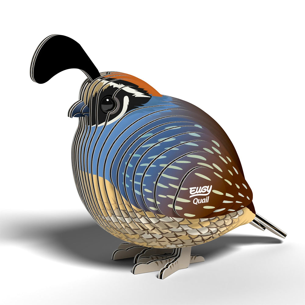 3D carboard puzzle of a quail with 'Eugy' branding on a white background