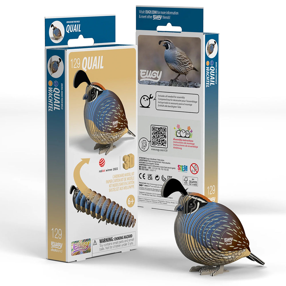 Quail-shaped 3D puzzle with packaging on a white background
