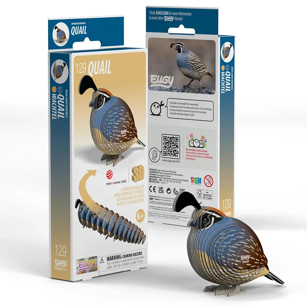 Quail-shaped 3D puzzle with packaging on a white background