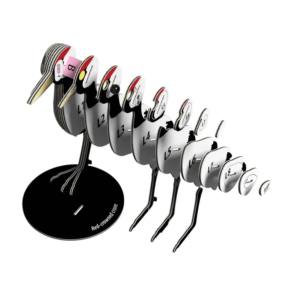 Eugy Crane 3D Puzzle exploded view showing individual pieces on a white background