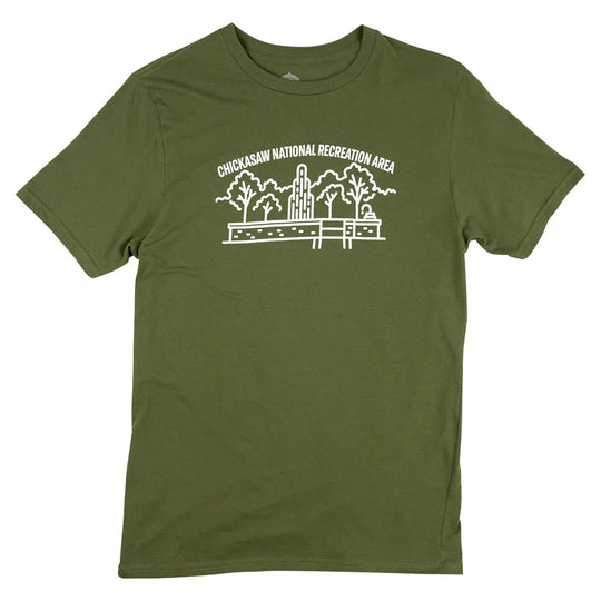 Green t-shirt with white Chickasaw National Recreation Area graphic on a white background
