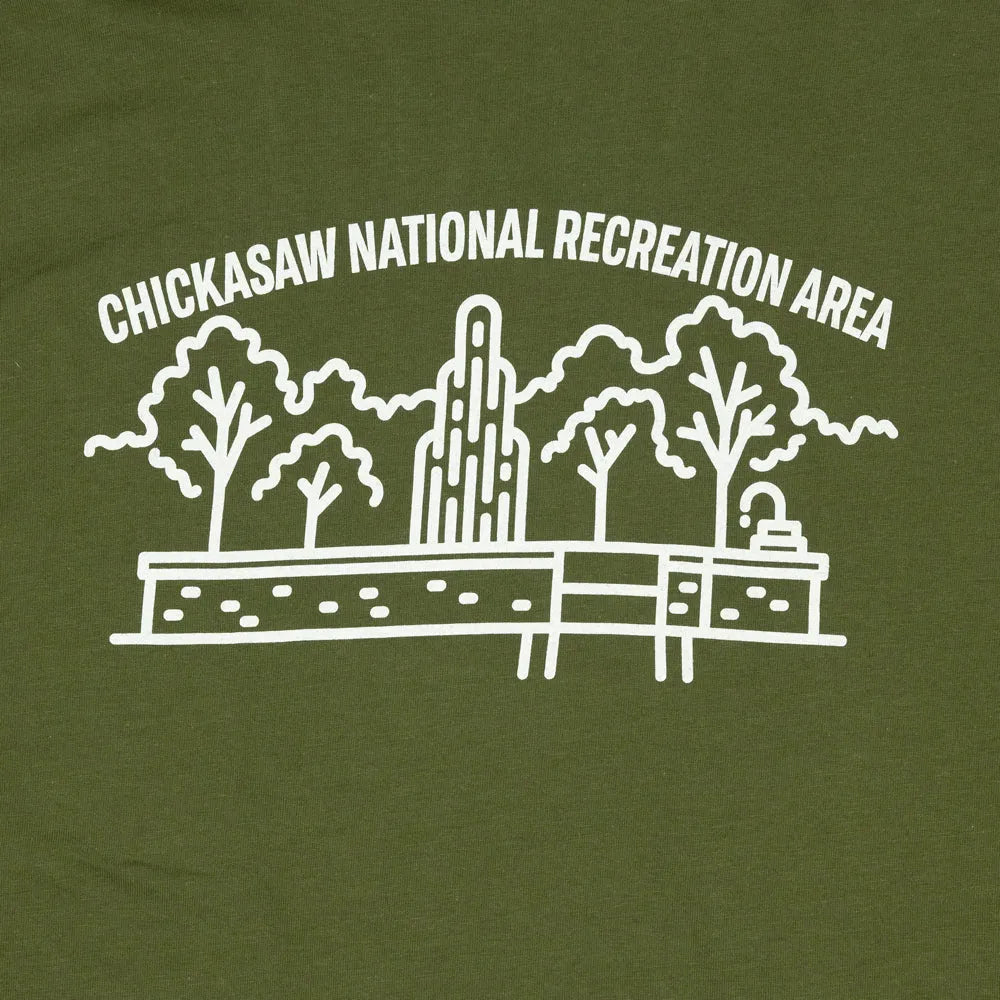 Green t-shirt with white graphic of Chickasaw National Recreation Area and text.