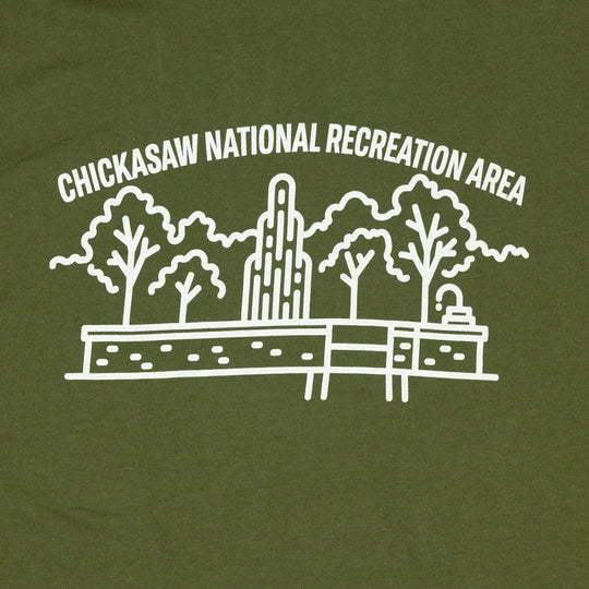 Green t-shirt with white graphic of Chickasaw National Recreation Area and text.