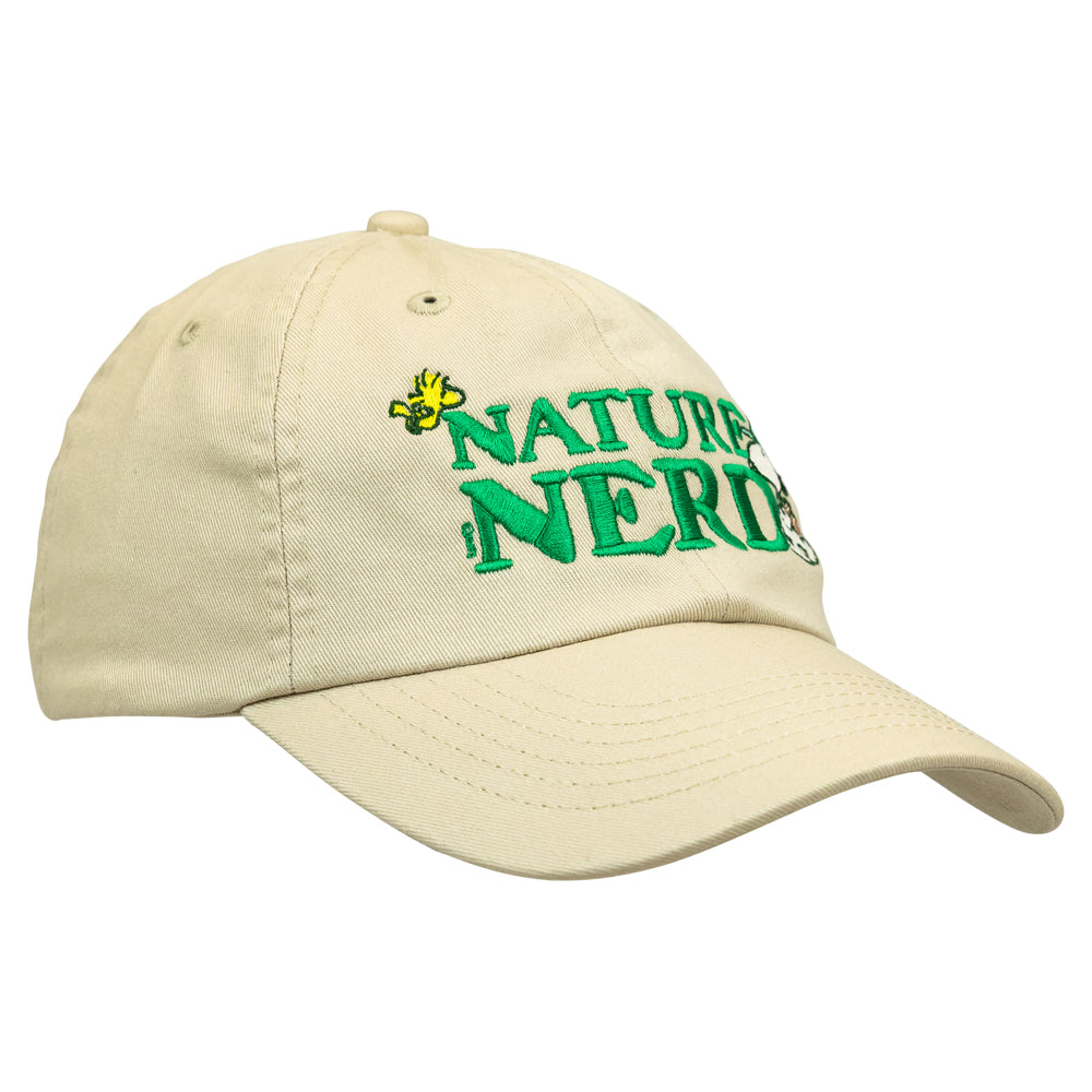 Beige cap with 'Nature Nerd' embroidered text and Peanut® gang  graphics on a white background