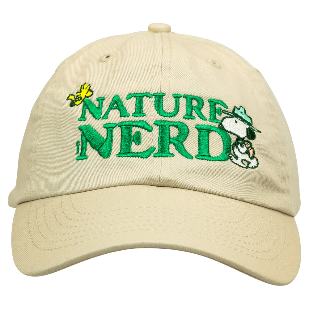 Beige cap with 'Nature Nerd' embroidered text and Peanut® gang  graphics on a white background