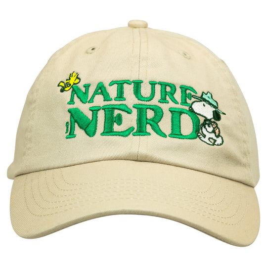 Beige cap with 'Nature Nerd' embroidered text and Peanut® gang  graphics on a white background
