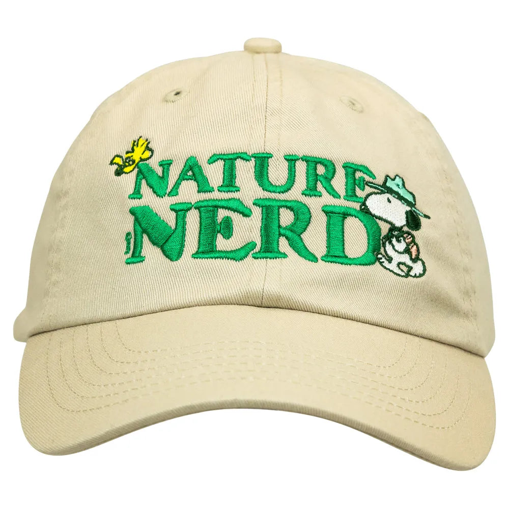 Beige cap with 'Nature Nerd' embroidered text and Peanut® gang  graphics on a white background