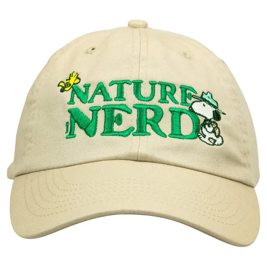 Beige cap with 'Nature Nerd' embroidered text and Peanut® gang  graphics on a white background