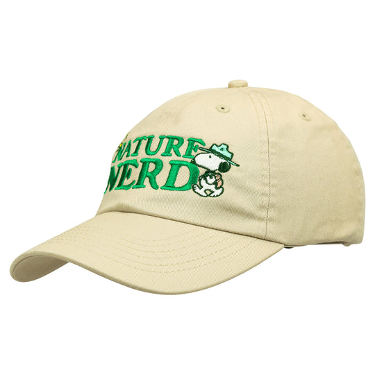Beige cap with 'Nature Nerd' embroidered text and Peanut® gang  graphics on a white background