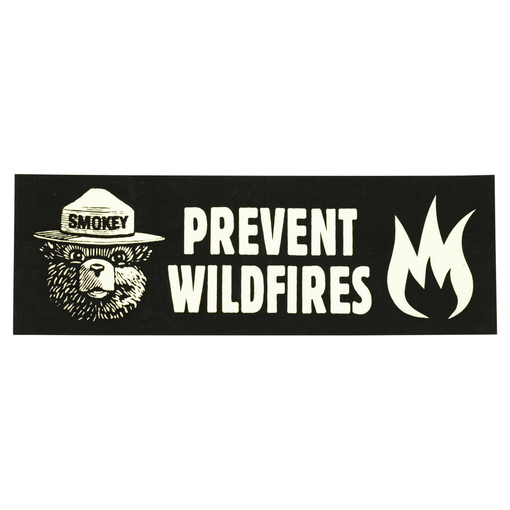 Sticker with Smokey Bear logo and 'Prevent Wildfires' text on a black background