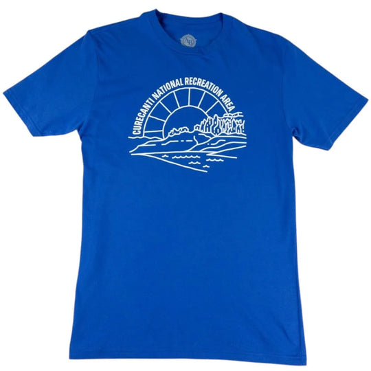 Blue t-shirt with white graphic design of Curecanti National Recreation Area on a white background