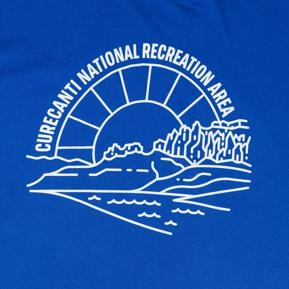 Blue t-shirt with white graphic of Curecanti National Recreation Area