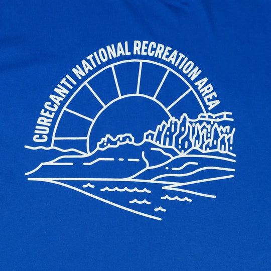 Blue t-shirt with white graphic of Curecanti National Recreation Area