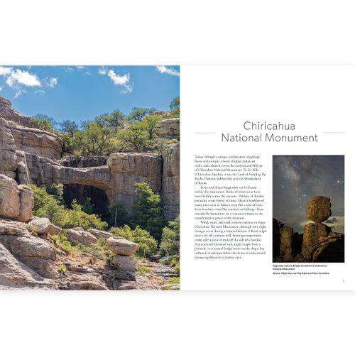 Book interior pages with scenic view of Chiricahua National Monument with rocky landscape and trees.