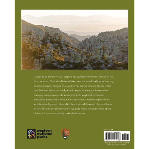 Back cover of a book and guide featuring a scenic landscape and text about Chiricahua National Monument.