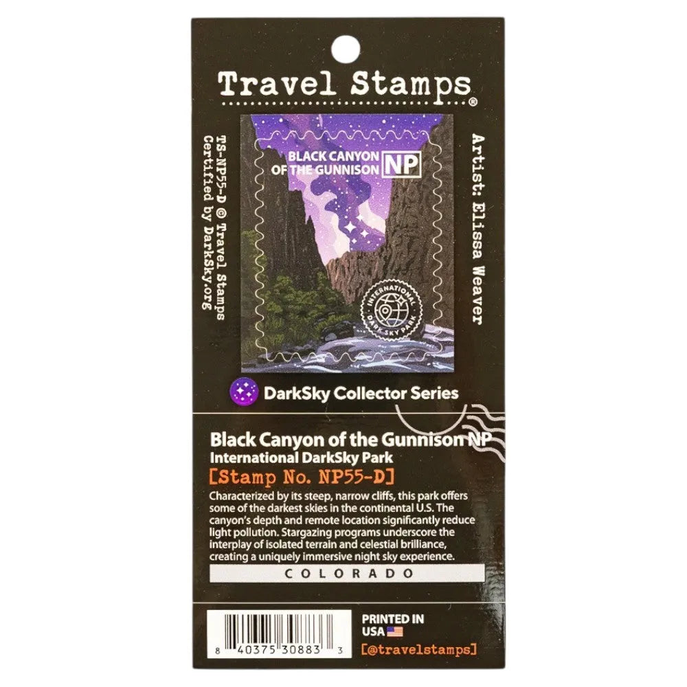 Travel stamp packaging with a stamp design of Black Canyon of the Gunnison National Park at night.