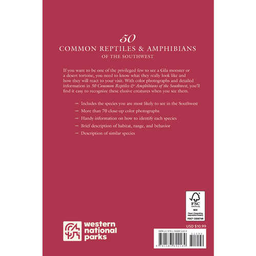 Back cover of a book about common reptiles and amphibians of the Southwest with text and logos.