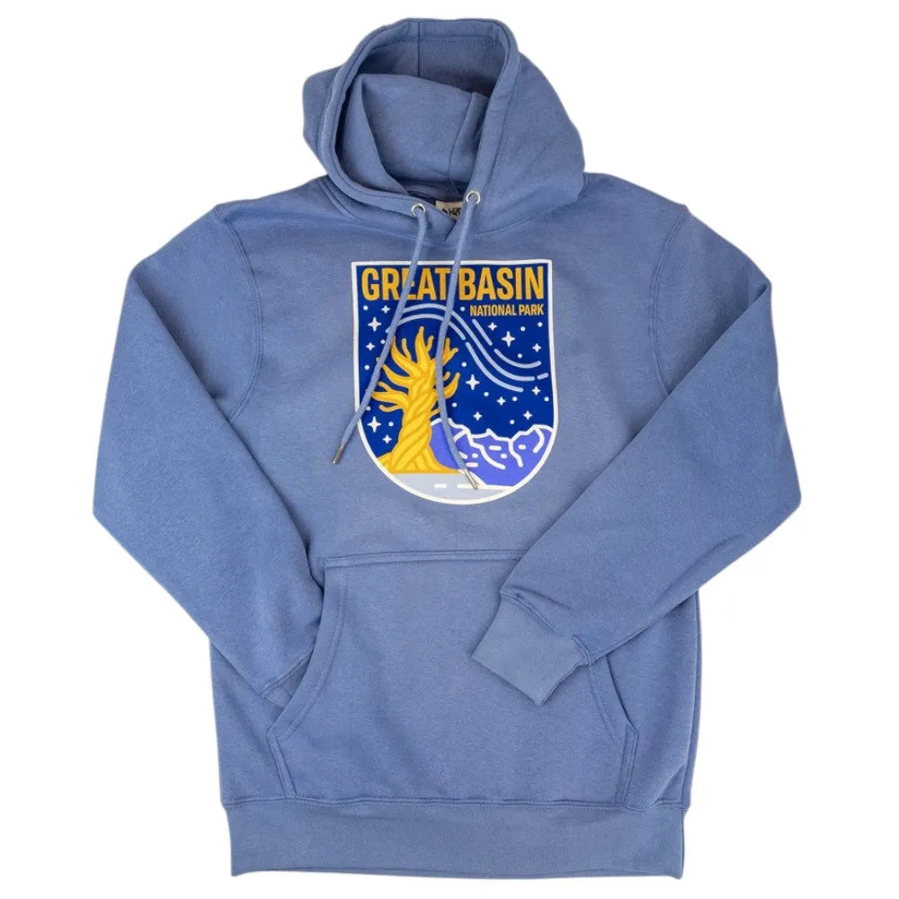Blue hoodie with Great Basin National Park Fell logo on a white background