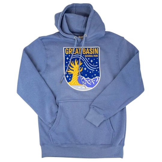 Blue hoodie with Great Basin National Park Fell logo on a white background