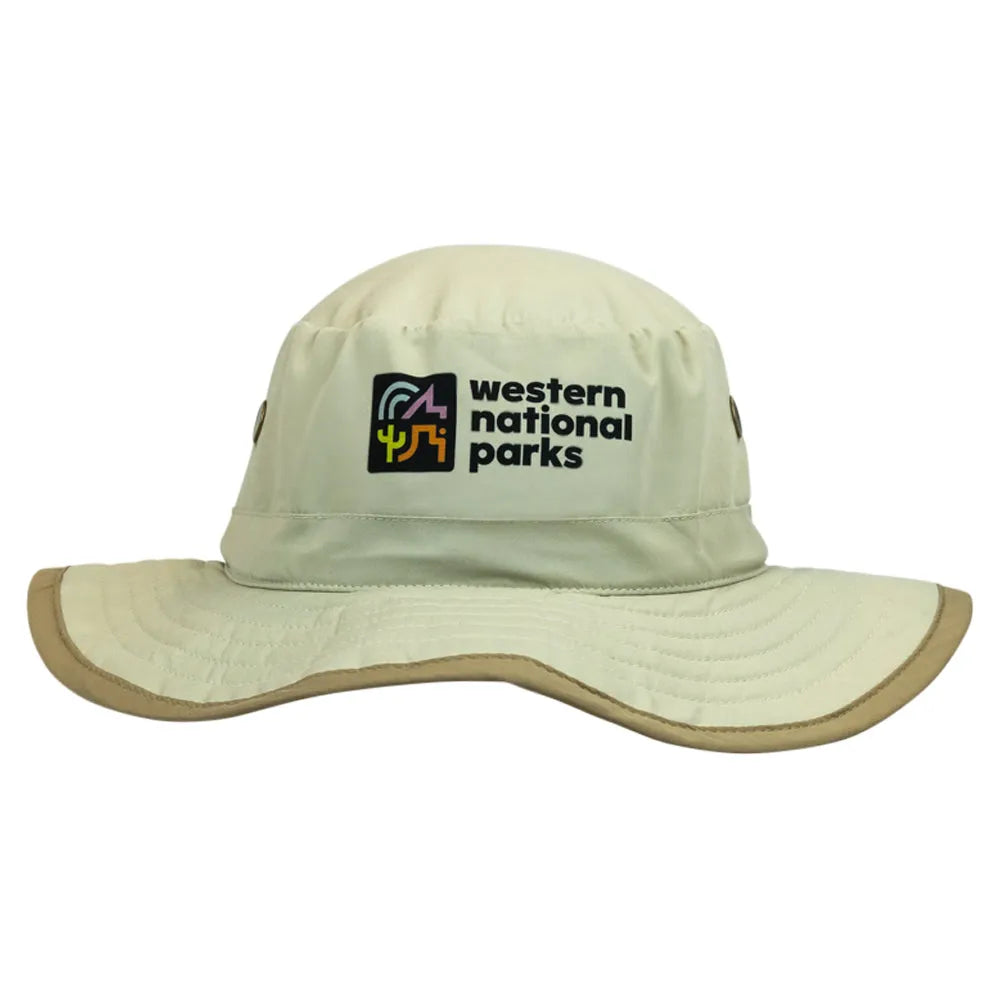 Beige wide-brimmed hat with 'Western National Parks' logo on a white background