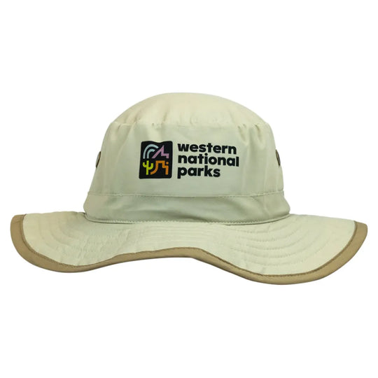 Beige wide-brimmed hat with 'Western National Parks' logo on a white background
