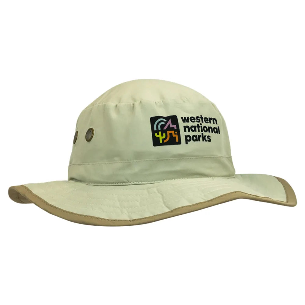 Beige wide-brimmed hat with 'Western National Parks' logo on a white background
