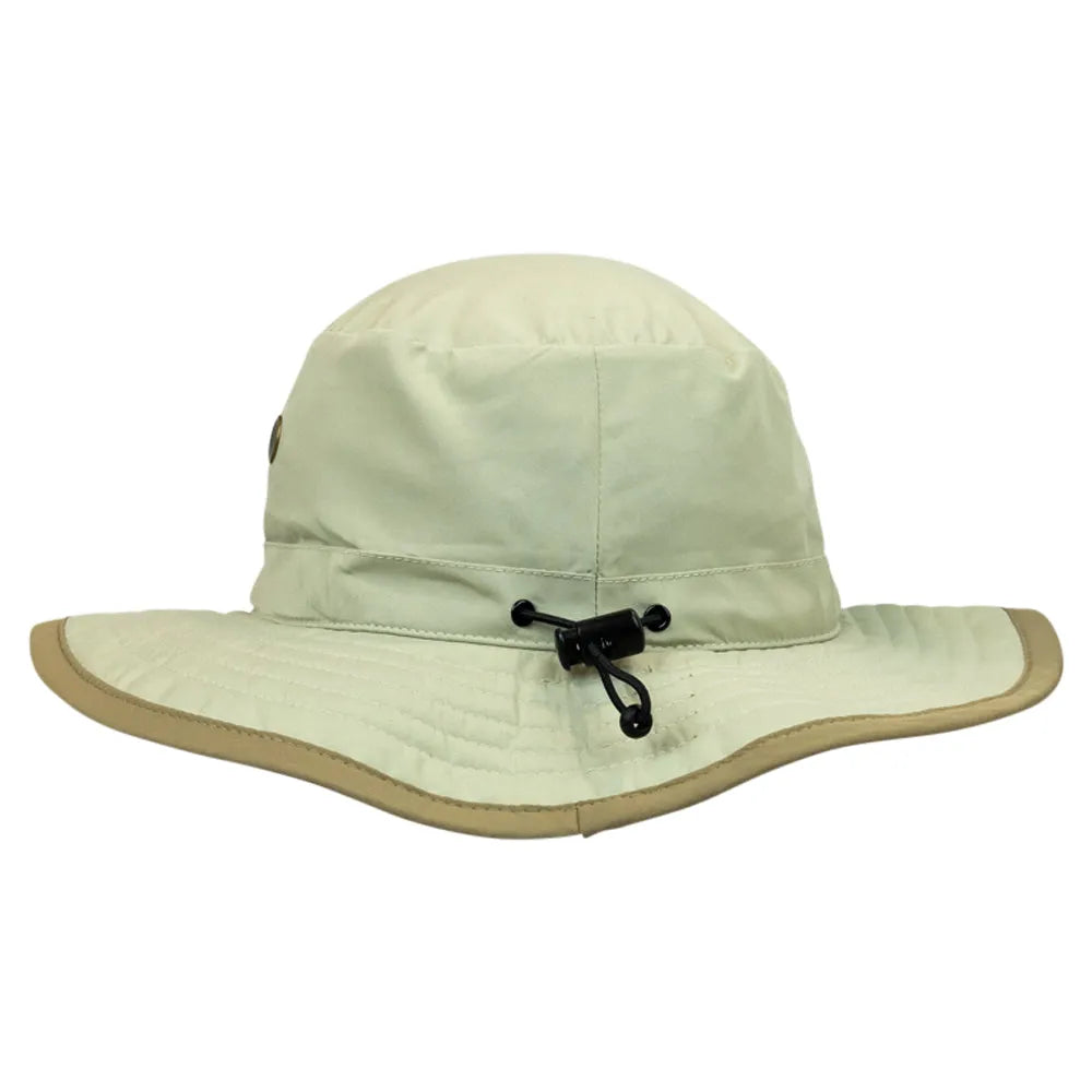 Beige bucket hat with a black crown adjustment strap on a white background