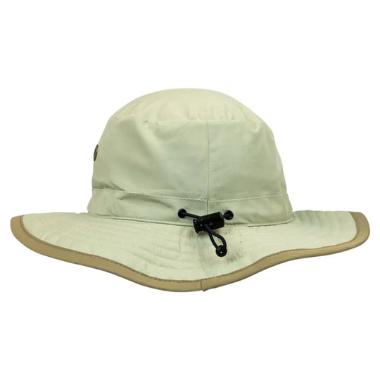 Beige bucket hat with a black crown adjustment strap on a white background