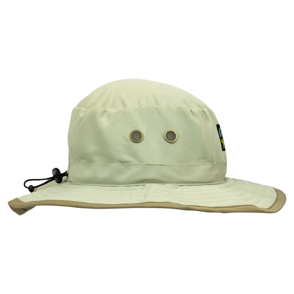 Beige bucket hat with a brim on a white background